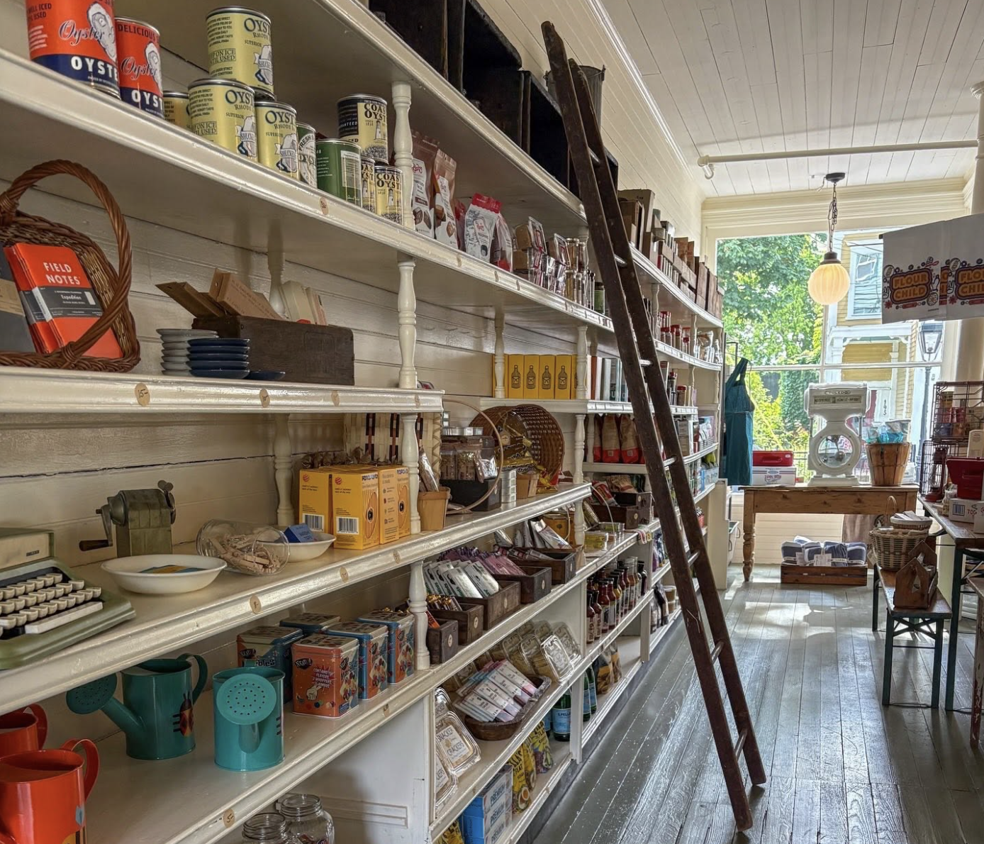 A cozy store interior with shelves of various goods, a wooden ladder, and a sewing machine by the window.
