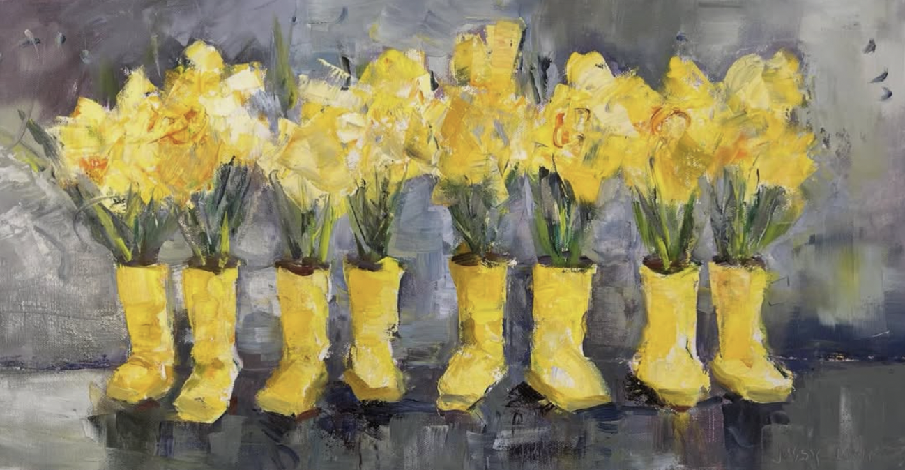 Yellow flowers in pots shaped like rain boots against a gray background.